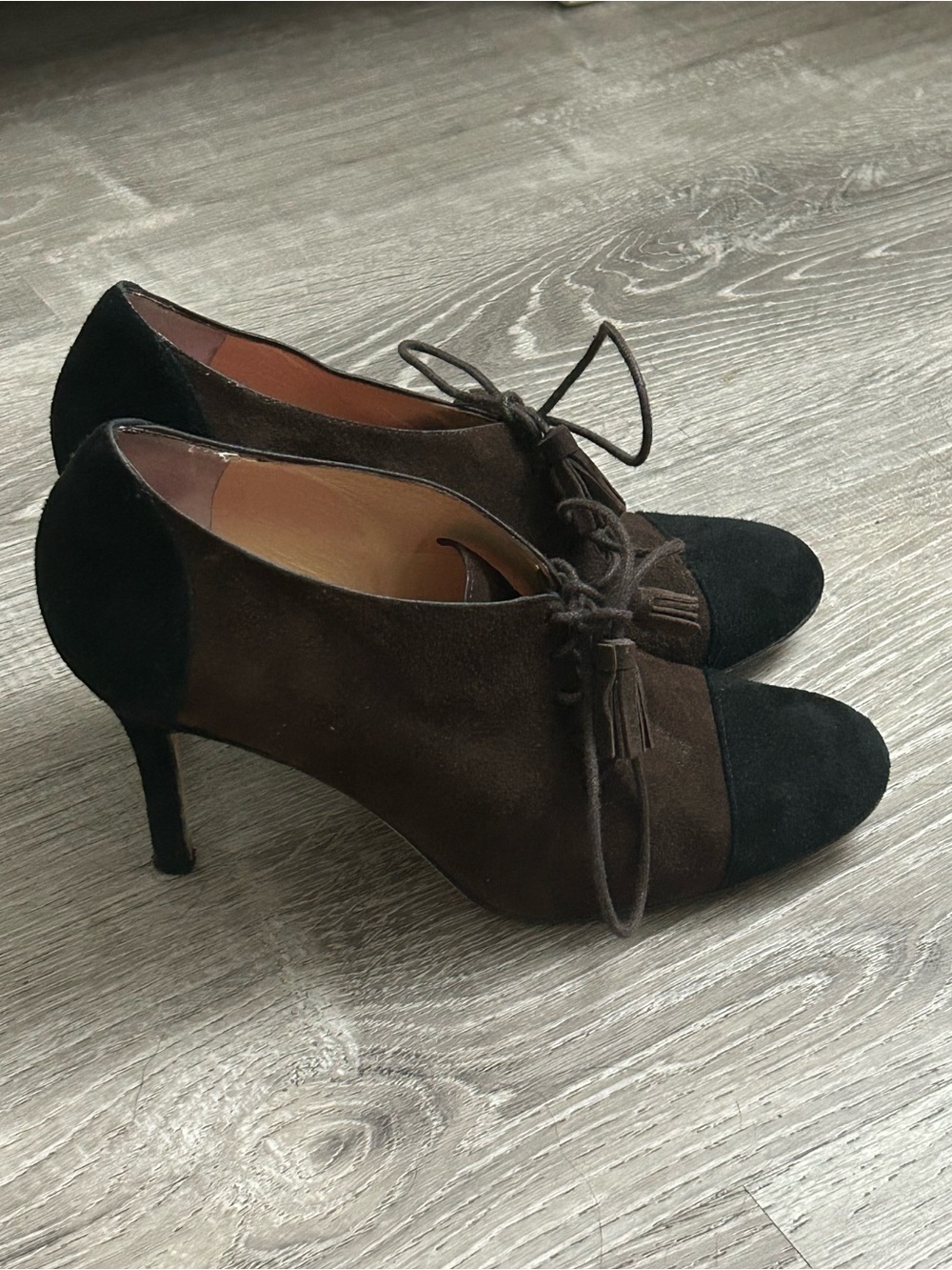 kate spade Brown and Black Suede Lace-Up Heels with Tassel Laces
